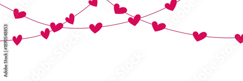 Valentine's Day hearts garland border, red heart string line across top on white background with copy space. Valentines love banner template for greeting cards, posters and ads, vector illustration.
