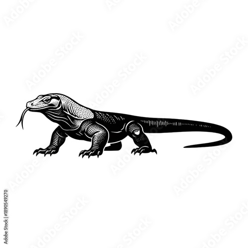 Komodo Dragon Lizard Illustration - Large Monitor Reptile Profile Hand-Drawn Realistic Wildlife Vector Art