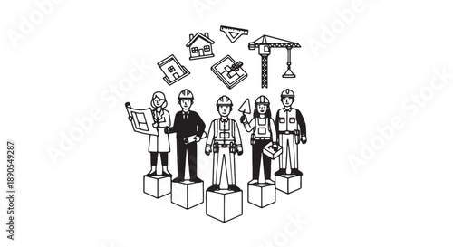 Group of construction workers standing on pedestals with building plans and crane illustration