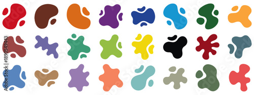 Colorful Abstract Amoeba Shapes – Minimalist Grid Illustration, abstract shapes, amoeba shapes, colorful blobs, organic forms, smooth outlines, flat illustration, solid colors, red shape, brown shape,