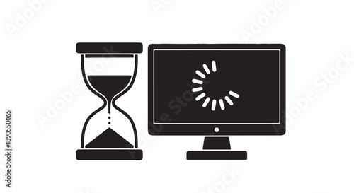 Computer monitor displaying loading screen with hourglass symbolizing waiting time and digital patience