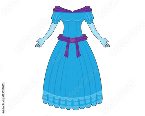 Blue cartoon princess dress vector design with purple fabric accents in a party style with a long skirt and a purple sash at the waist decorated with a heart-shaped ribbon knot