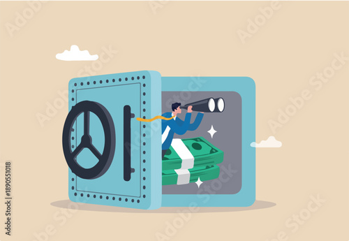 Safe haven, money protection from investment, wait and see economics situation, protect wealth from inflation, financial security concept, businessman look through binocular from secured open safe.