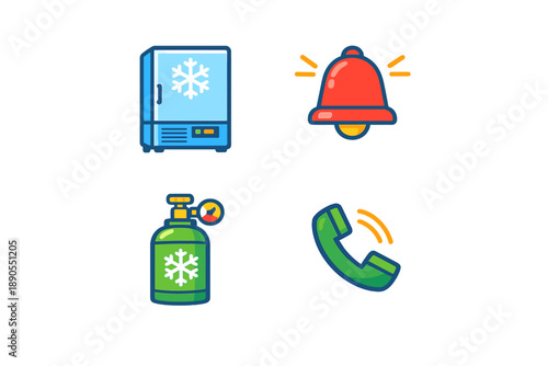 Icons display different objects related to refrigeration, alert systems, and communication for people in various settings
