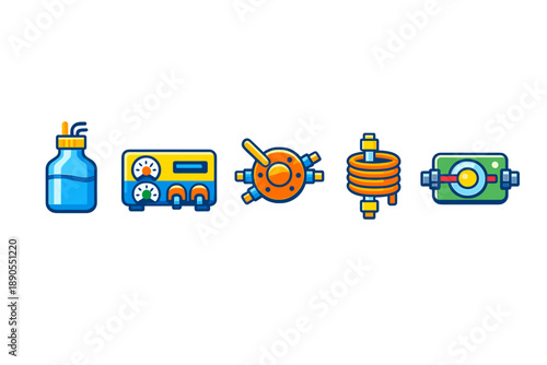 Various laboratory tools and equipment used in scientific experiments displayed in a line in a creative style