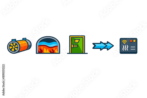 Steps for using an electric heating system through a hot water boiler, boiler room, door, and thermostat in a home setting