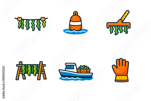 Activities related to seaweed farming in a coastal area involving harvesting, buoy placement, and preparation for market