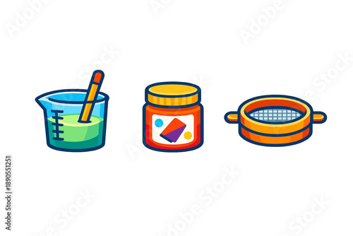 Mixing colors in a laboratory setting with a beaker, paint container, and a strainer during a creative art activity