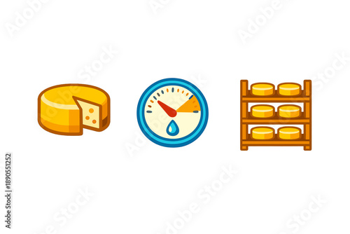 Cheese making process shows cheese, moisture gauge, and aging rack