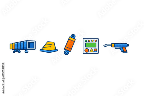 Tools and equipment used in various industrial processes shown in a clear lineup for easy identification and understanding of function and purpose