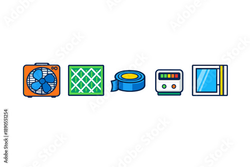 Different tools and items for air conditioning and window installation are shown in a row on a white background for easy identification and use in home repairs