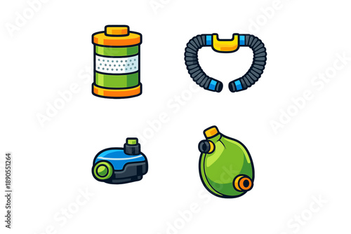 Different types of diving equipment and accessories arranged together on a white surface during a diving preparation session