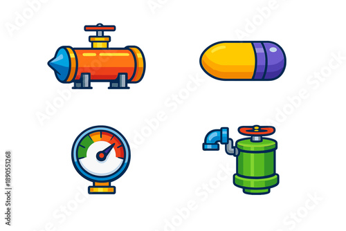 Collection of colorful medical and mechanical objects displayed on a plain background during a design showcase for educational purposes