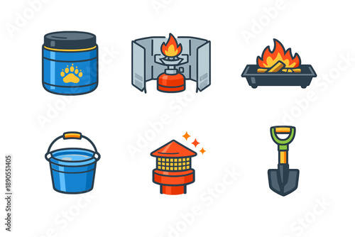 Campfire setup with tools and supplies for outdoor cooking and campsite activities