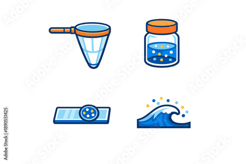 Tools and elements for studying marine life in a lab setting with sampling net, sample jar, slide, and wave illustration