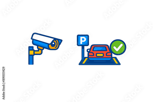 Security camera and parked car symbol showing parking approved in a parking area during daylight