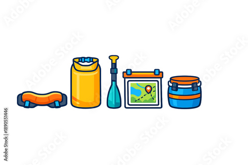 Camping gear and supplies for outdoor adventures including a map and a paddle, prepared for a trip to nature in the great outdoors