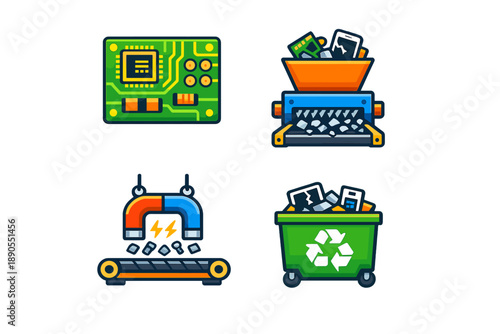 Focus on technology and recycling in modern industry showing different processes from circuit boards to waste management