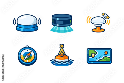 Different types of navigation and positioning devices are displayed on a white background, showing tools used for tracking and guiding in various locations and situations