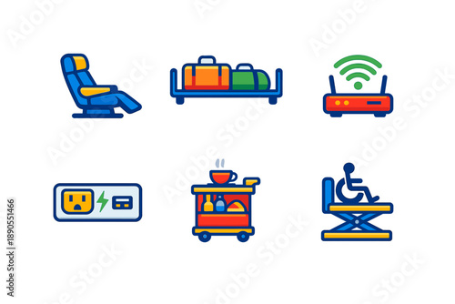 Travel icons showing airport facilities and services including seating, luggage, Wi-Fi, and food cart for passengers at a terminal