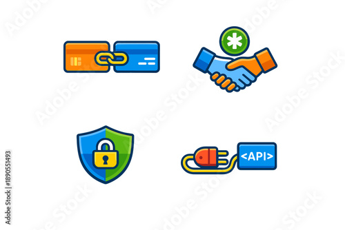 Icons represent secure online payment methods and data sharing in digital transactions at an unspecified time