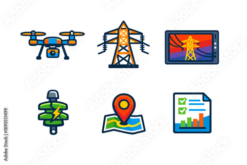 Icons showing technology in energy management with drones, power lines, mapping tools, and reports visible on a screen