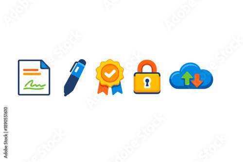 Variety of digital icons representing common tasks and tools related to documents, writing, achievements, security, and cloud storage