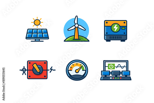 Solar panels, wind turbines, and energy systems highlighted in illustrations on clean energy technologies