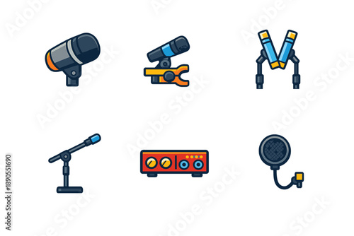 Music equipment and tools displayed on a white background showing various microphones, a sound mixer, and other audio gear used for recording and performing
