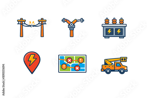 Visual showing icons of power infrastructure and maintenance tools used for electrical work and tracking energy resources