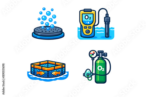 Different tools and items used in fish farming and aquaculture for monitoring and managing water quality in a controlled environment
