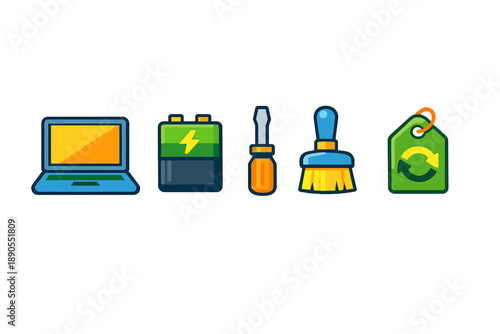 Laptop, battery, tool, brush, and recycling tag show the steps for computer maintenance and repair in a simple way