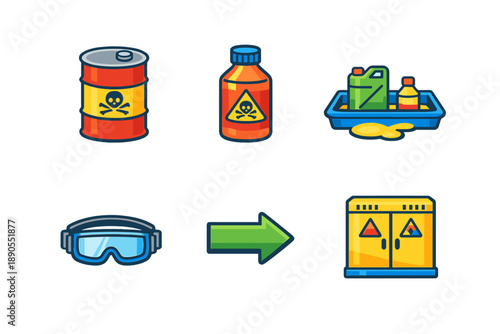 Hazard symbols show different types of toxic materials and safety equipment for handling them to prevent accidents and ensure safety in environments with dangerous substances