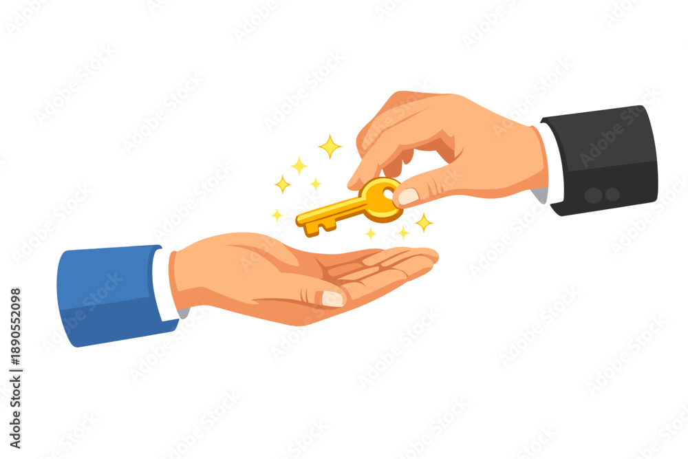 Fototapeta premium Hands exchange a golden key symbolizing trust and opportunity in a business setting during a daytime event