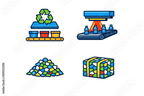 Recycling process in waste management showing materials being sorted and processed for reuse at a facility