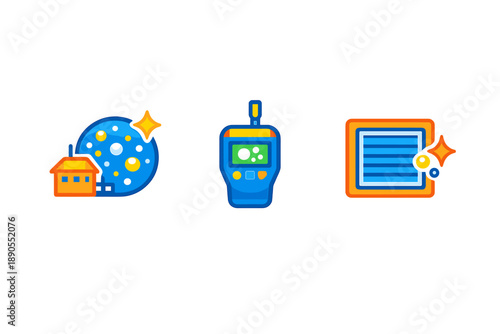 Space exploration tools and symbols show important equipment for discovering the universe including a lunar surface, a monitoring device, and a control panel
