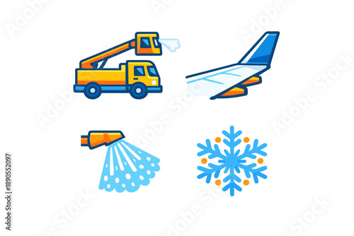 Winter weather operations including de-icing trucks, airplane wings, snowflakes and other related activities