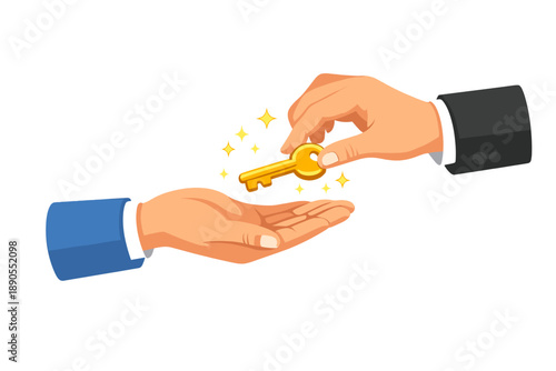 Hands exchange a golden key symbolizing trust and opportunity in a business setting during a daytime event