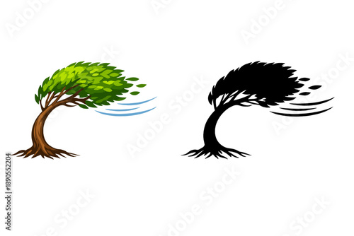 Tree graphic showing a green tree on one side and a black silhouette of a tree on the other side with motion lines representing wind