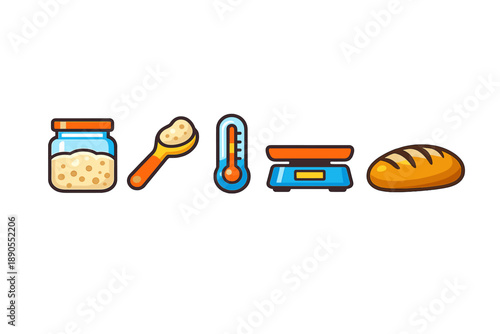 Baking bread with ingredients and tools for measurement and preparation at home