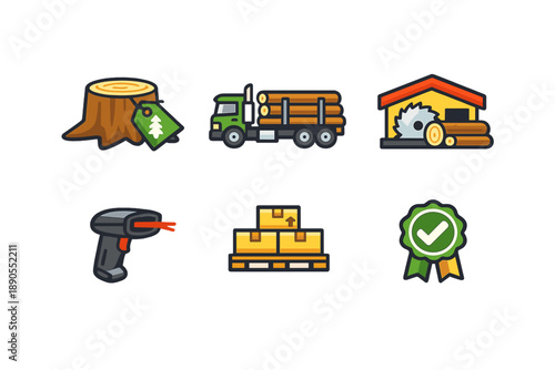 Variety of tools and items used in the lumber industry, showcasing a tree stump, logging truck, sawmill, barcode scanner, wooden crates, and certification badge