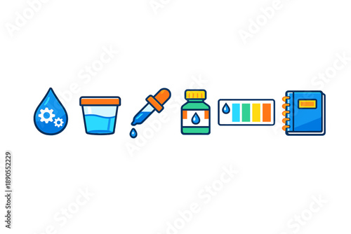 Set of icons showing water drop, container, dropper, bottle, color chart, and notebook related to scientific experiments and lab work
