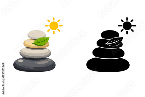 Two stacks of stones with leaves and suns, one in color and one in black and white, arranged on a simple background during daytime