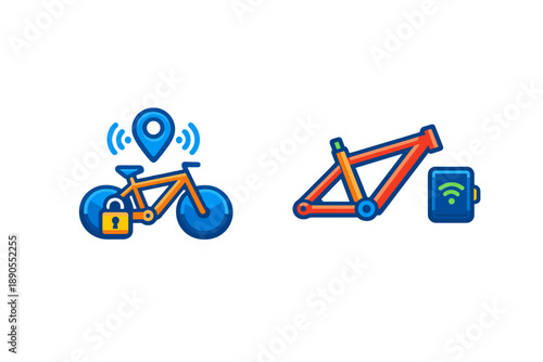 Smart bike system with lock and tracking device shown on left and bike frame with battery pack displayed on right with bright colors