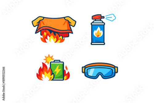 Fire safety tools include protective gear, a fire extinguisher, and items prone to catching fire during an emergency situation in a controlled setting