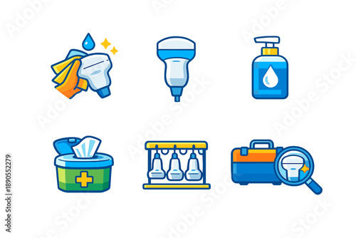 Cleaning supplies and tools used for maintaining hygiene in homes and offices during the day