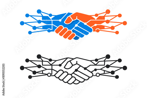 Hands shake with digital lines representing connection in technology and collaboration in a modern visual style
