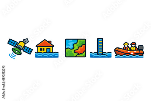 Images show natural disaster response with satellite, house flooding, maps, a water level gauge, and rescue team on a boat