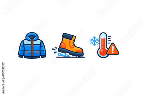 Cold weather gear includes a jacket, a boot for ice, and a thermometer showing low temperatures with a warning symbol for safety