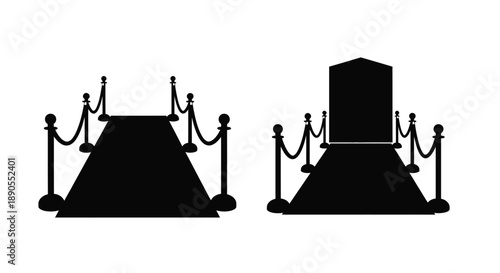 Kaaba building with barriers depicted in a stark black silhouette